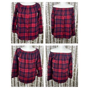 Unbranded Red & Navy Soft Convertible Button Front Flannel Shirt sz L